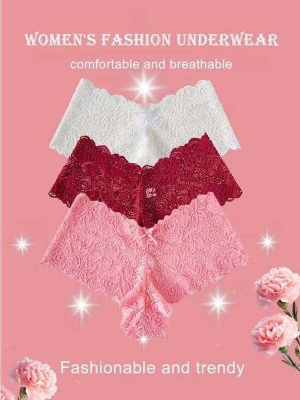 3 Lace Bikini Briefs - White, Red & Pink - Women's Intimates Size Medium